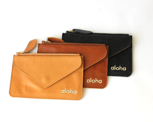 Kiki | Aloha embroidered leather mini-clutch with envelope pocket | Assorted colors