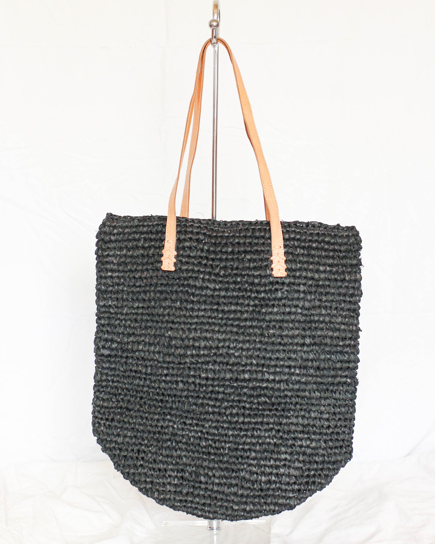 Black | Natural Weave Tote Bag | Leather Strap