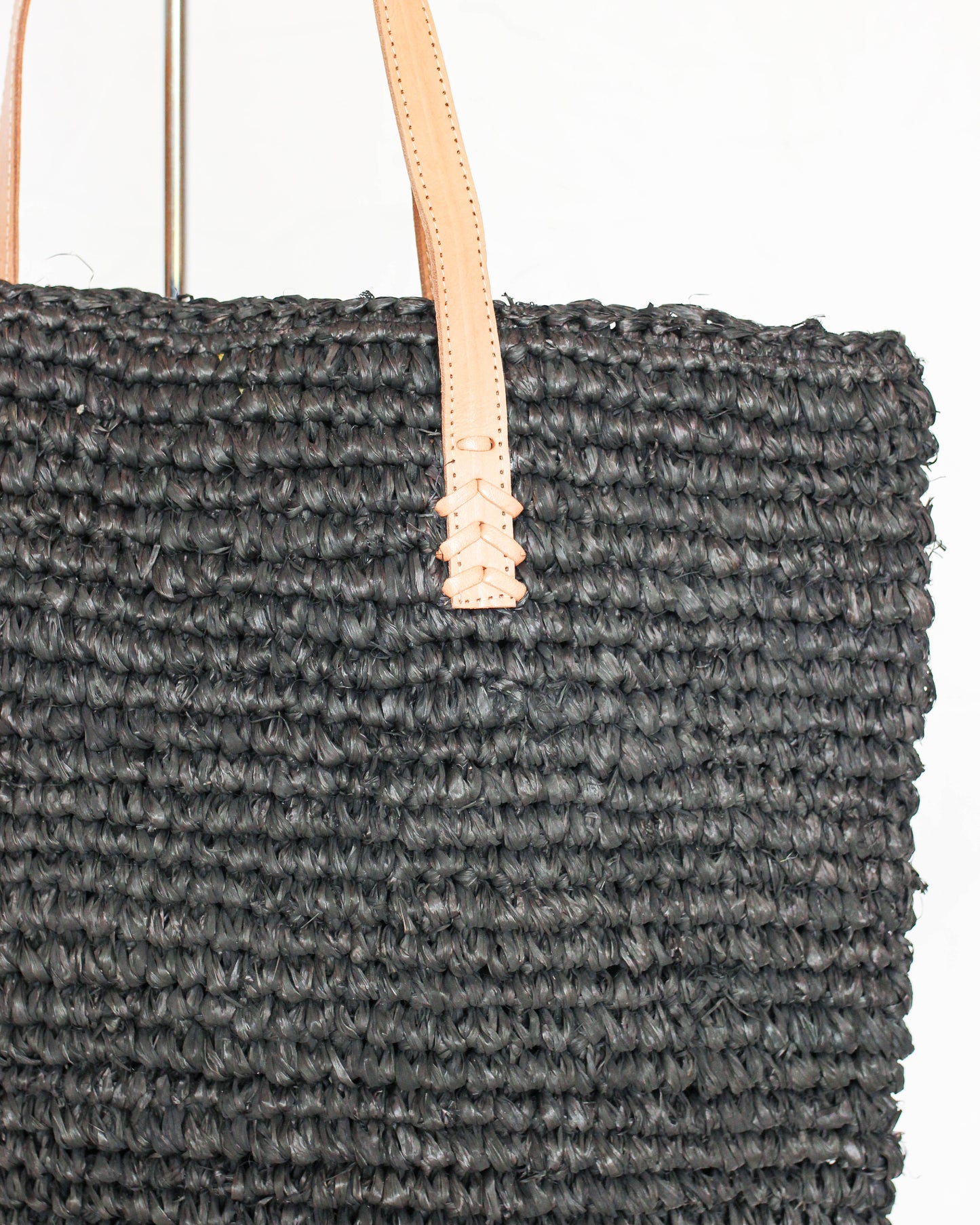 Black | Natural Weave Tote Bag | Leather Strap