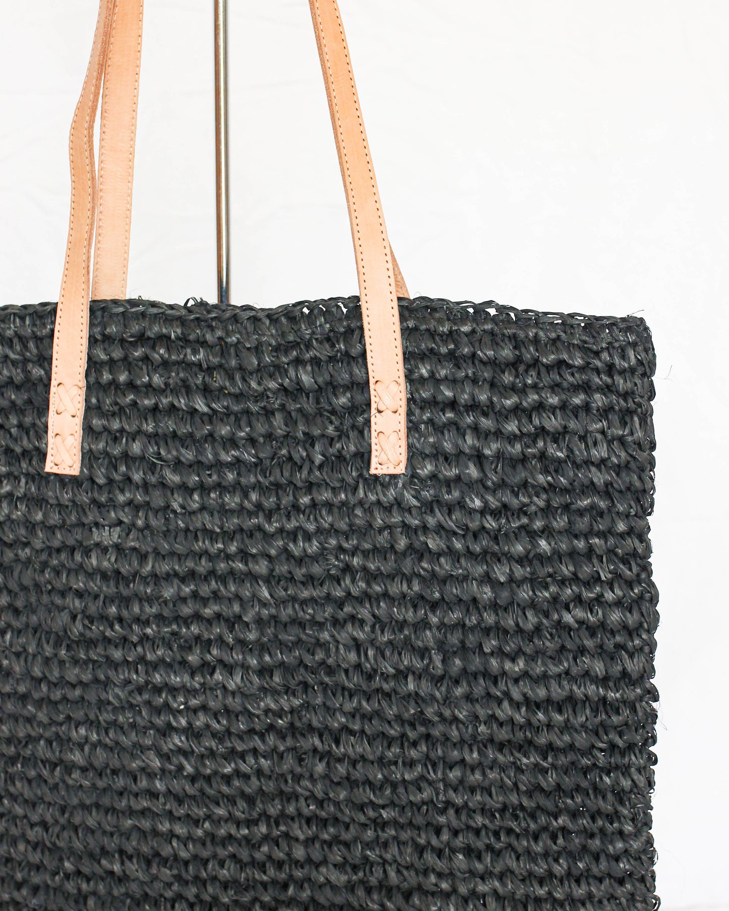 Black | Natural Weave Tote Bag | Leather Strap