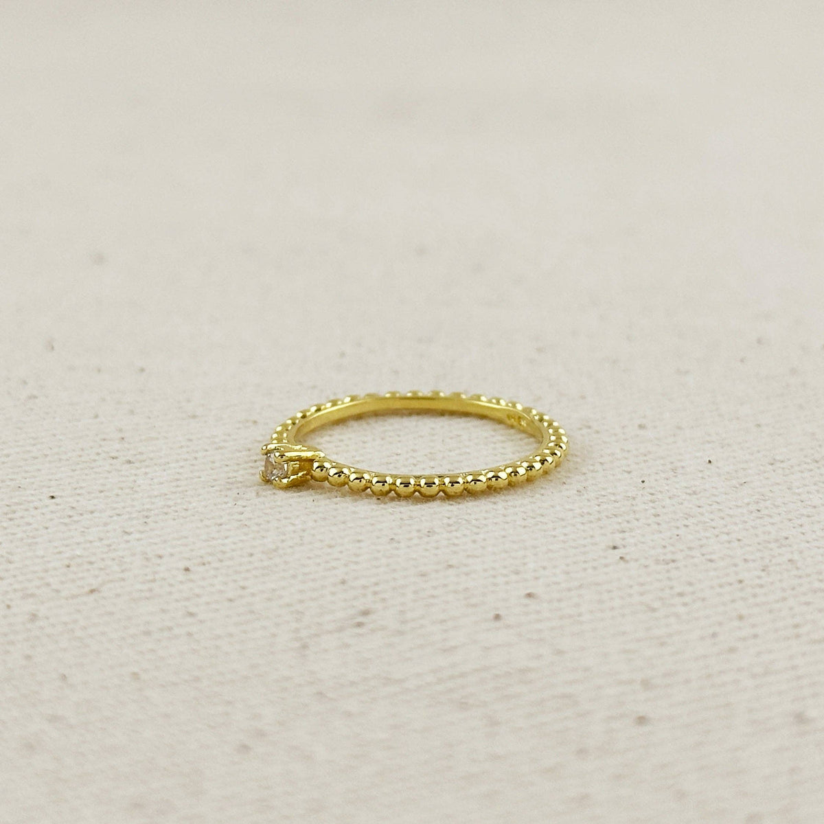 18K Gold Filled Beaded Ring with Single CZ Stone