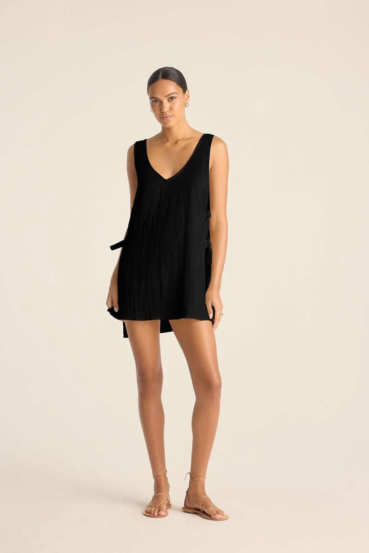 Riviera Mini Dress - Black Crinkle Linen