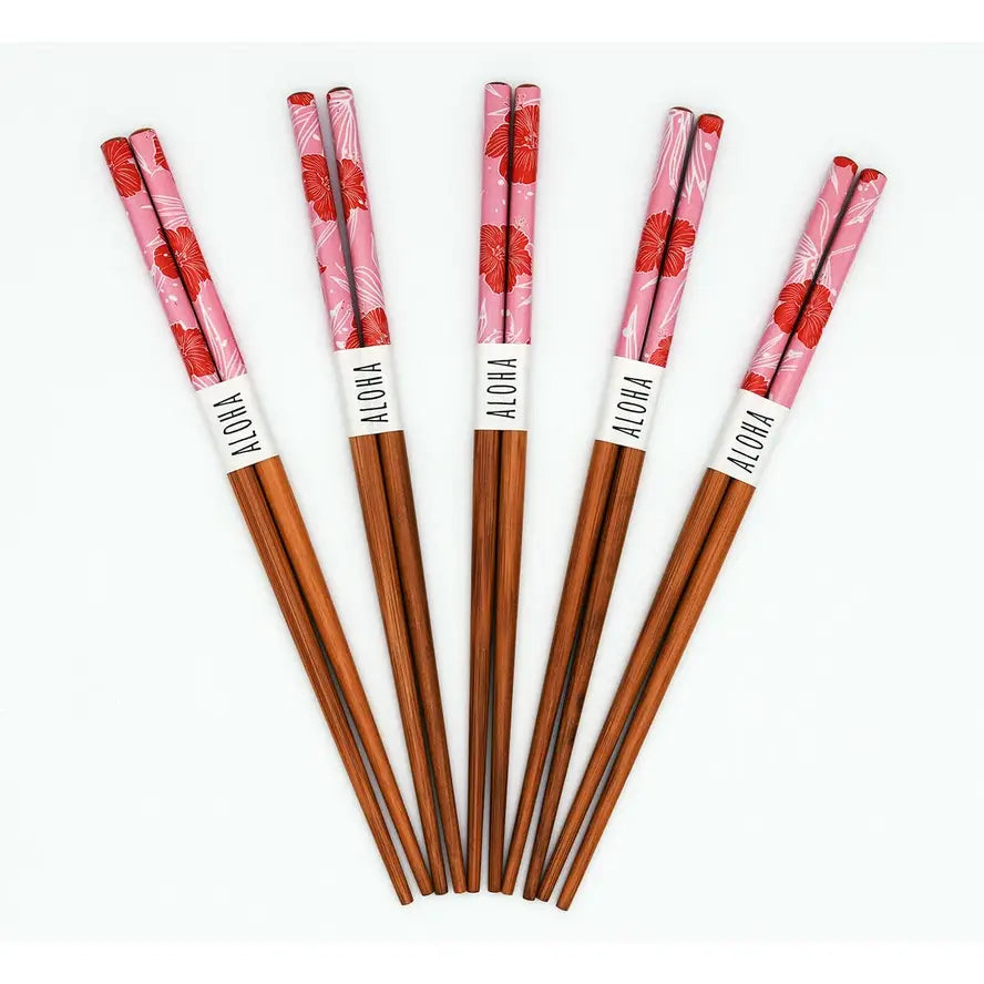 "Red Hibiscus" Reusable Bamboo Chopsticks (5 Pairs)
