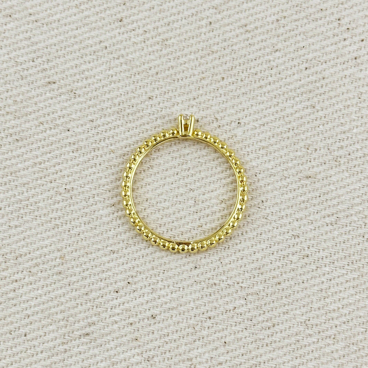 18K Gold Filled Beaded Ring with Single CZ Stone