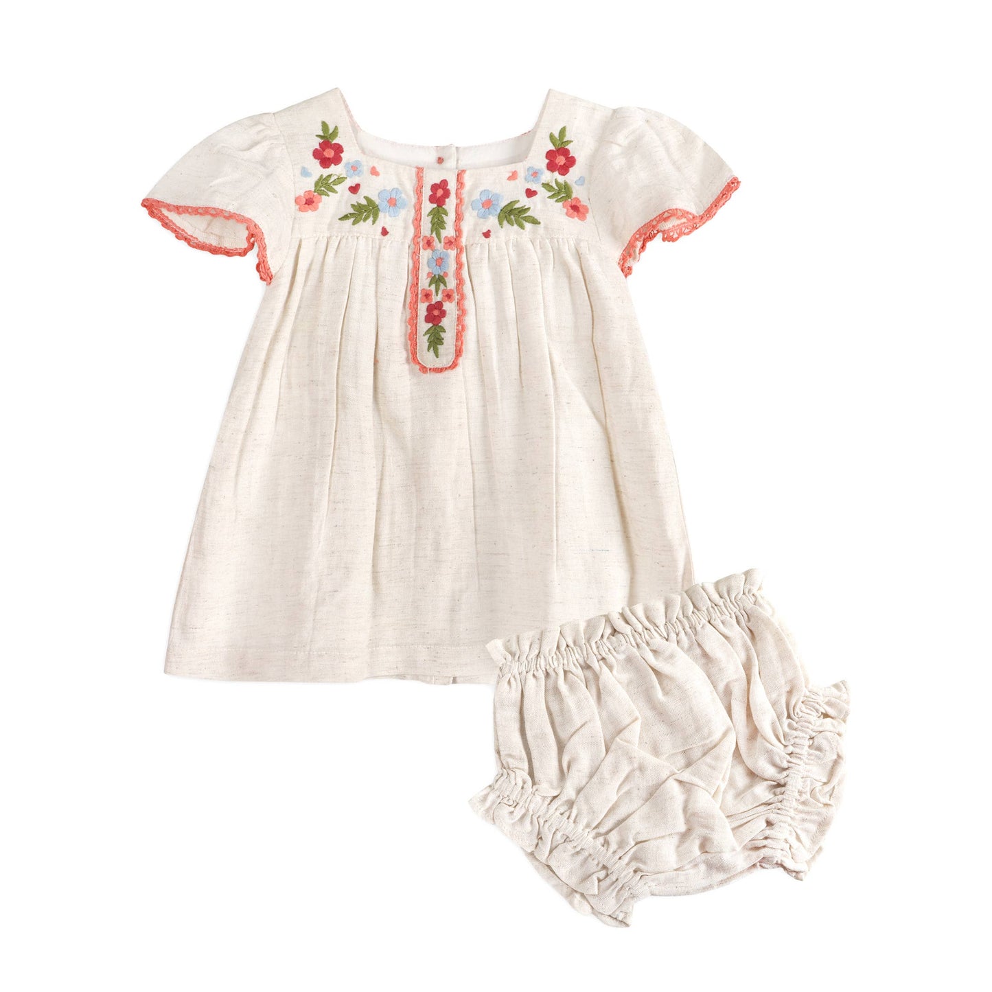 Gabi Embroidered Baby Dress + Bloomer (Linen)