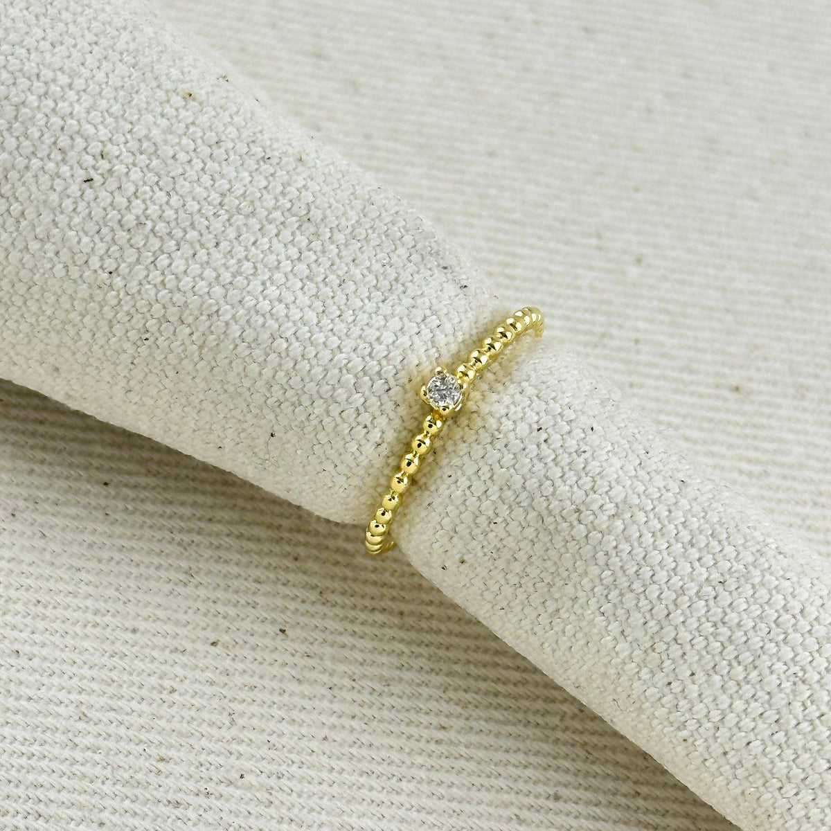 18K Gold Filled Beaded Ring with Single CZ Stone