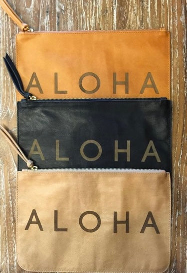 Alola Maui X Bu Tiki clutch | Leather zippered pouch | ALOHA embossed