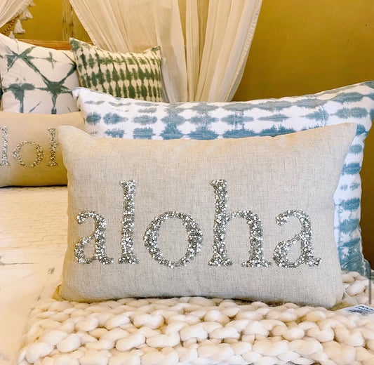 Maka Sea Linen Beaded Rectangle Pillow (Small) | Maui or Aloha