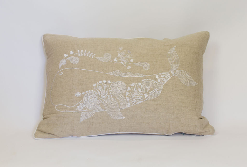 Maka Sea Linen Rectangle Pillow | Maui No Ka Oi and Whimsey Whale (Two-sided)