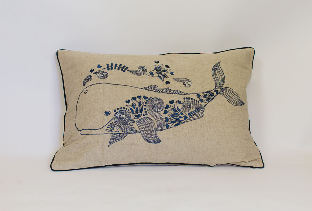 Maka Sea Linen Rectangle Pillow | Maui No Ka Oi and Whimsey Whale (Two-sided)