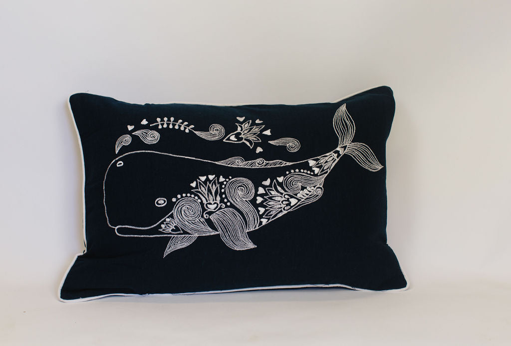 Maka Sea Linen Rectangle Pillow | Maui No Ka Oi and Whimsey Whale (Two-sided)