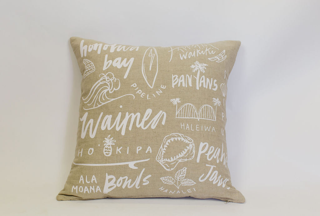 Maka Sea Linen Square Pillow | Hawaii Surf Spots and Cowabunga (Two-sided)