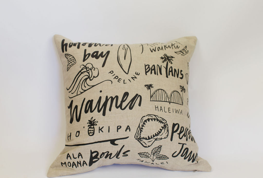 Maka Sea Linen Square Pillow | Hawaii Surf Spots and Cowabunga (Two-sided)