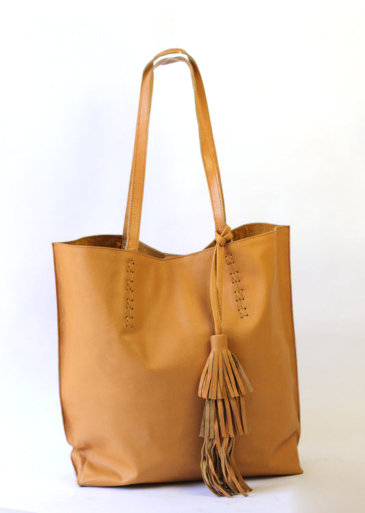 X Tassel Leather Tote | Cappuccino