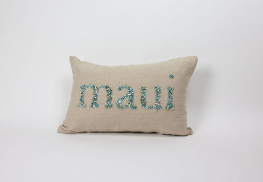 Maka Sea Linen Beaded Rectangle Pillow (Small) | Maui or Aloha