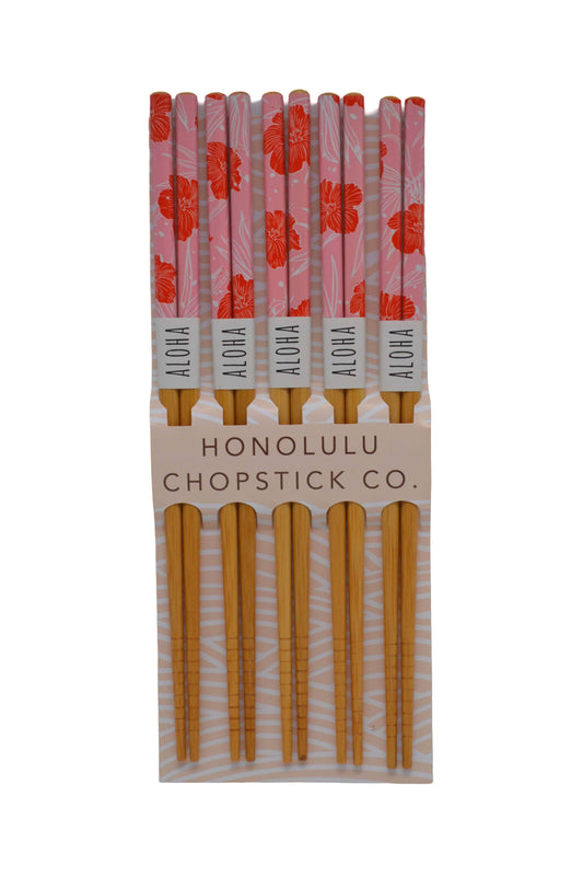 "Red Hibiscus" Reusable Bamboo Chopsticks (5 Pairs)
