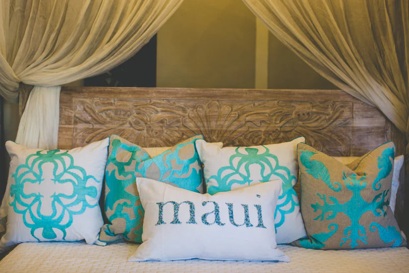 Maka Sea Embroidered Square Linen Pillow | Lanikai Collection | Sea Horse