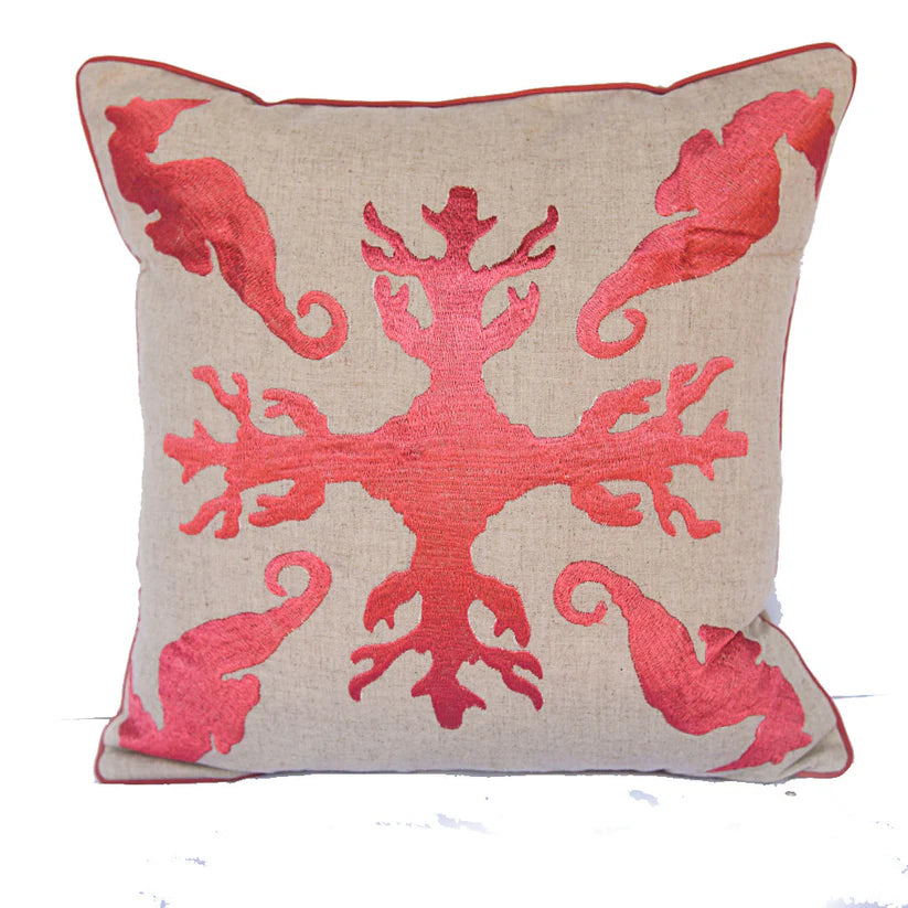 Maka Sea Embroidered Square Linen Pillow | Lanikai Collection | Sea Horse