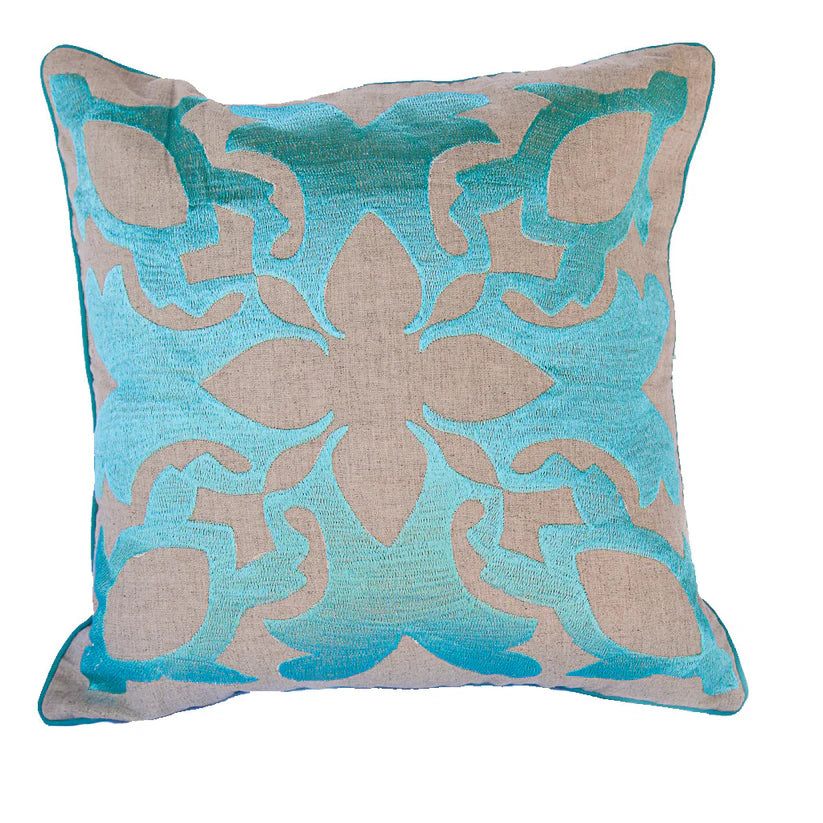 Maka Sea Embroidered Square Linen Pillow | Lanikai Collection | Sea Turtle