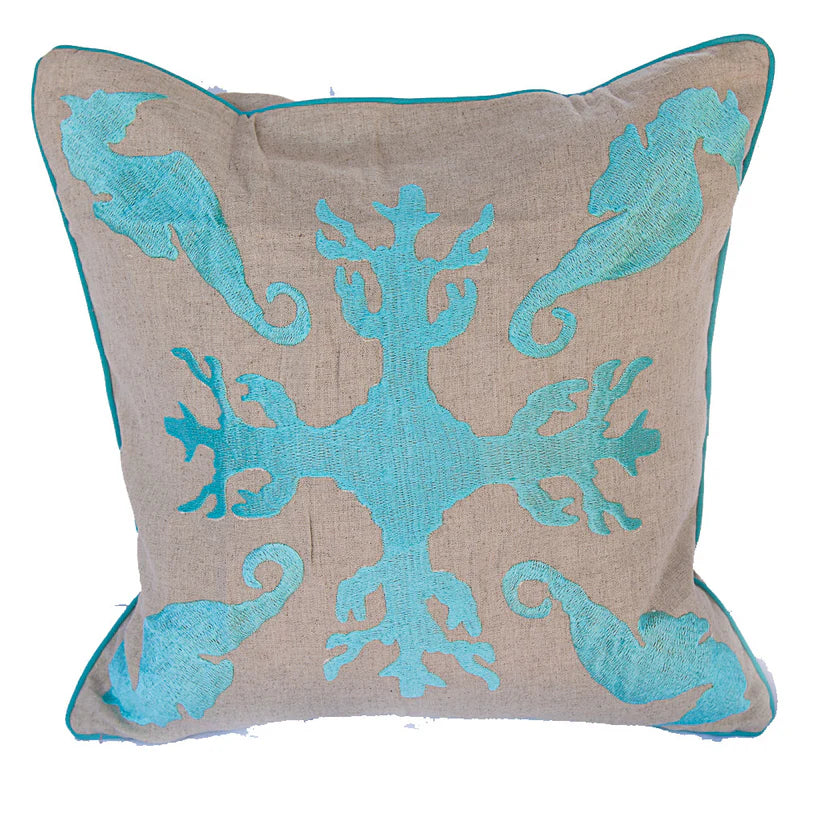 Maka Sea Embroidered Square Linen Pillow | Lanikai Collection | Sea Horse