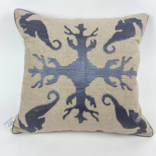 Maka Sea Embroidered Square Linen Pillow | Lanikai Collection | Sea Horse