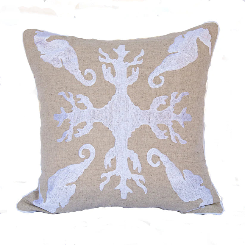 Maka Sea Embroidered Square Linen Pillow | Lanikai Collection | Sea Horse